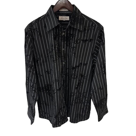 NWT Eighty Eight Men's Black Striped Button-Up Shirt with Design, Size Medium - Picture 1 of 15